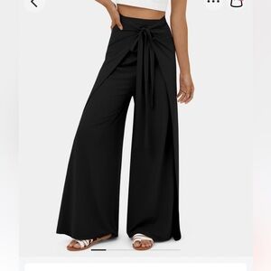 High Waisted Tie Front Split Hem Palazzo Wide Leg Flowy Casual Pants